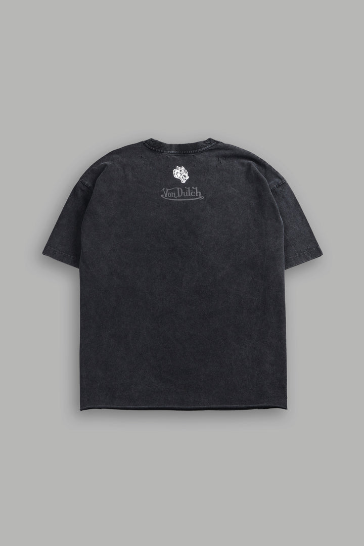 Flight Club Distressed Grunge Mid-Length Raw Hem Tee in Black