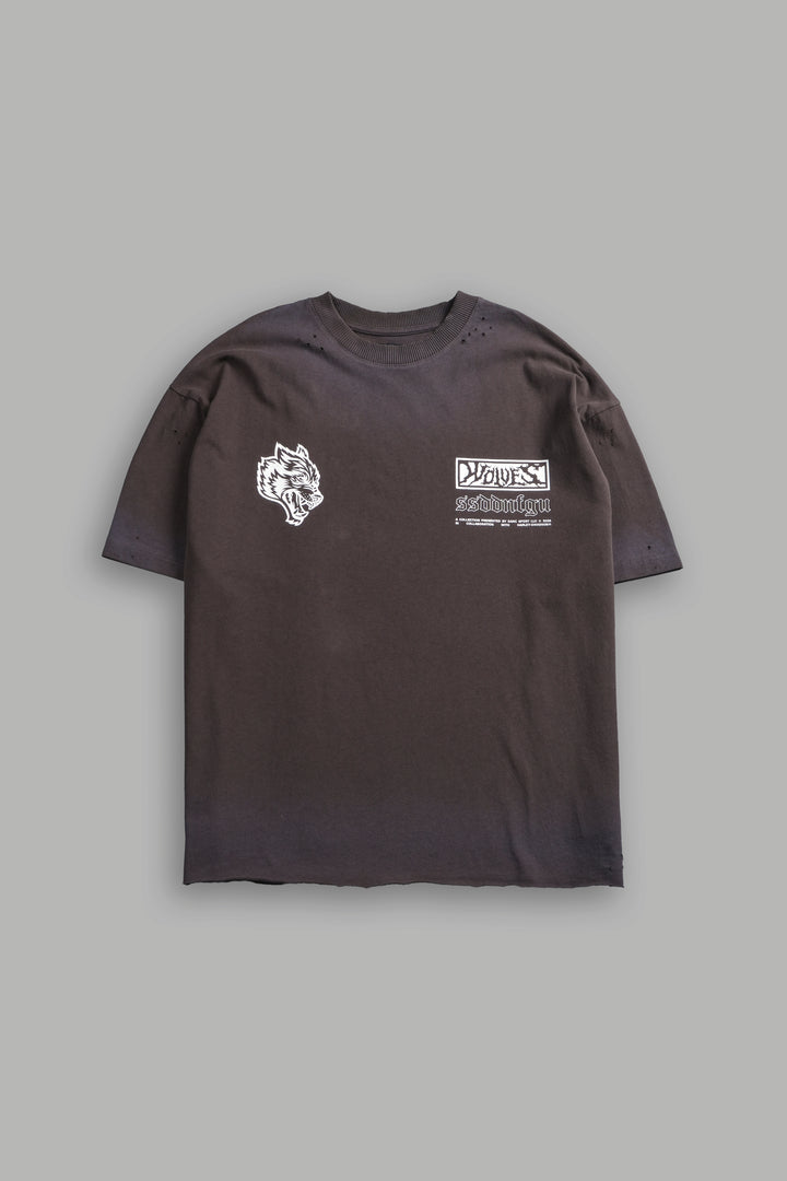 Ride Forever Distressed Grunge Mid-Length Raw Hem Tee in Darc Brown Drift Wash