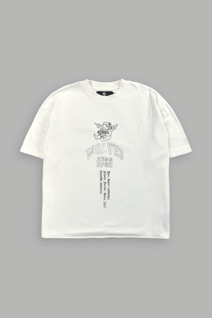 Wolves Club Cherub Grunge Mid Length Raw Hem Tee in Cream