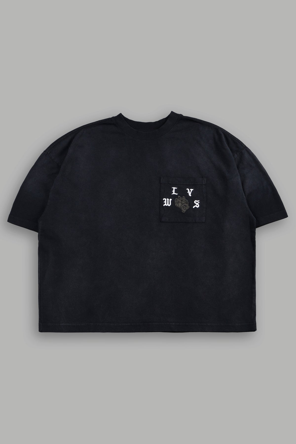 Our Crest Grunge Paul Box Cut Pocket Tee In Black Super Sun Fade