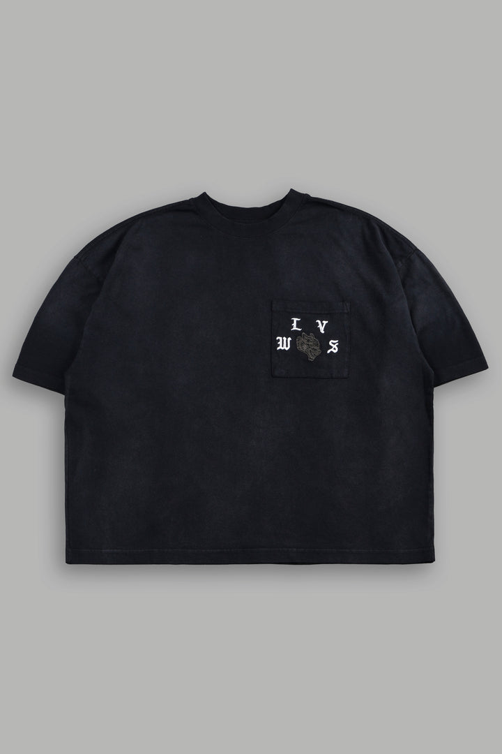 Our Crest Grunge Paul Box Cut Pocket Tee In Black Super Sun Fade