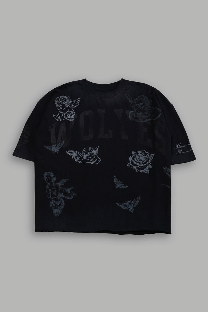 Fallen Cherub Grunge Raw Hem "Box Cut" Tee in Black Drift Wash