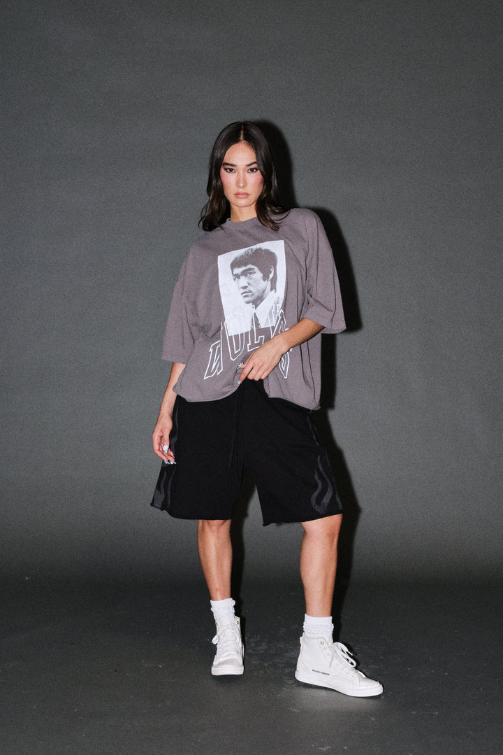 Bruce Lee Forever Distressed Grunge Box Cut Tee V2 in Slate Gray