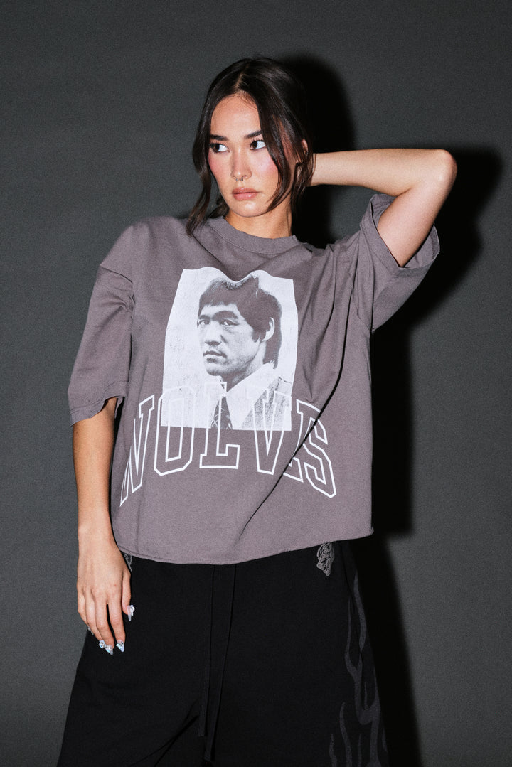 Bruce Lee Forever Distressed Grunge Box Cut Tee V2 in Slate Gray