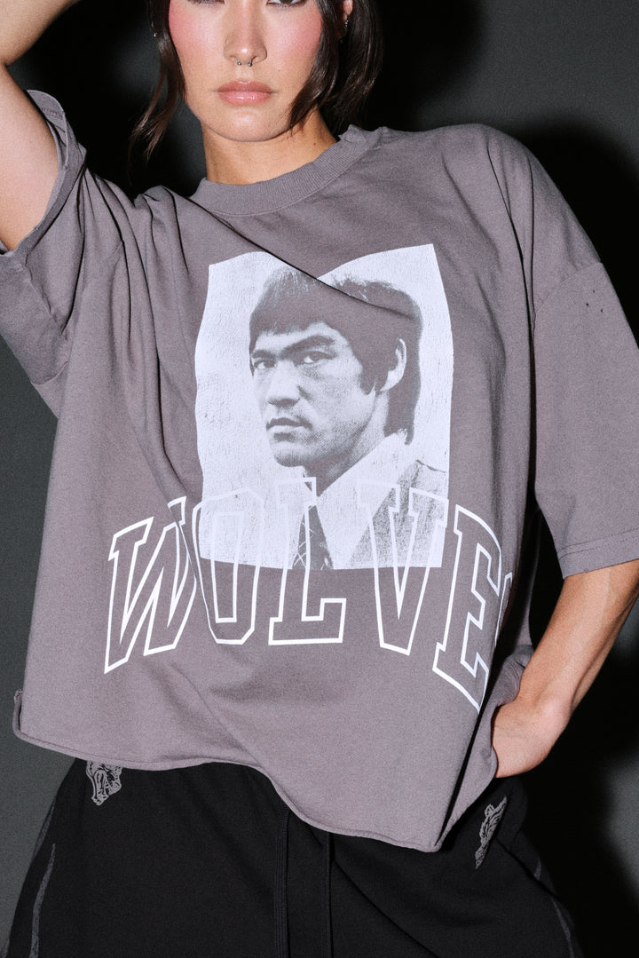 Bruce Lee Forever Distressed Grunge Box Cut Tee V2 in Slate Gray