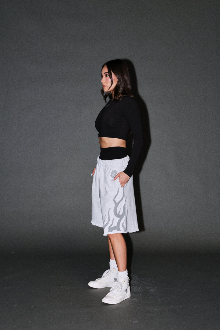 Fight Or Flight Grunge Oversized Raw Hem Post Lounge Sweat Shorts in Super Light Athletic Gray