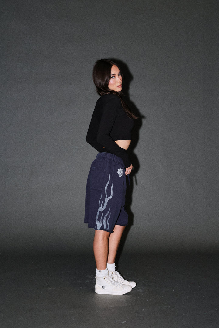 Fight Or Flight Grunge Oversized Raw Hem Post Lounge Sweat Shorts in Navy