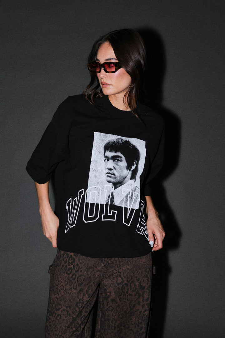 Bruce Lee Forever Distressed Grunge Box Cut Tee V2 in Black