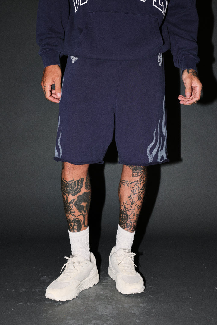 Fight Or Flight Grunge Oversized Raw Hem Post Lounge Sweat Shorts in Navy