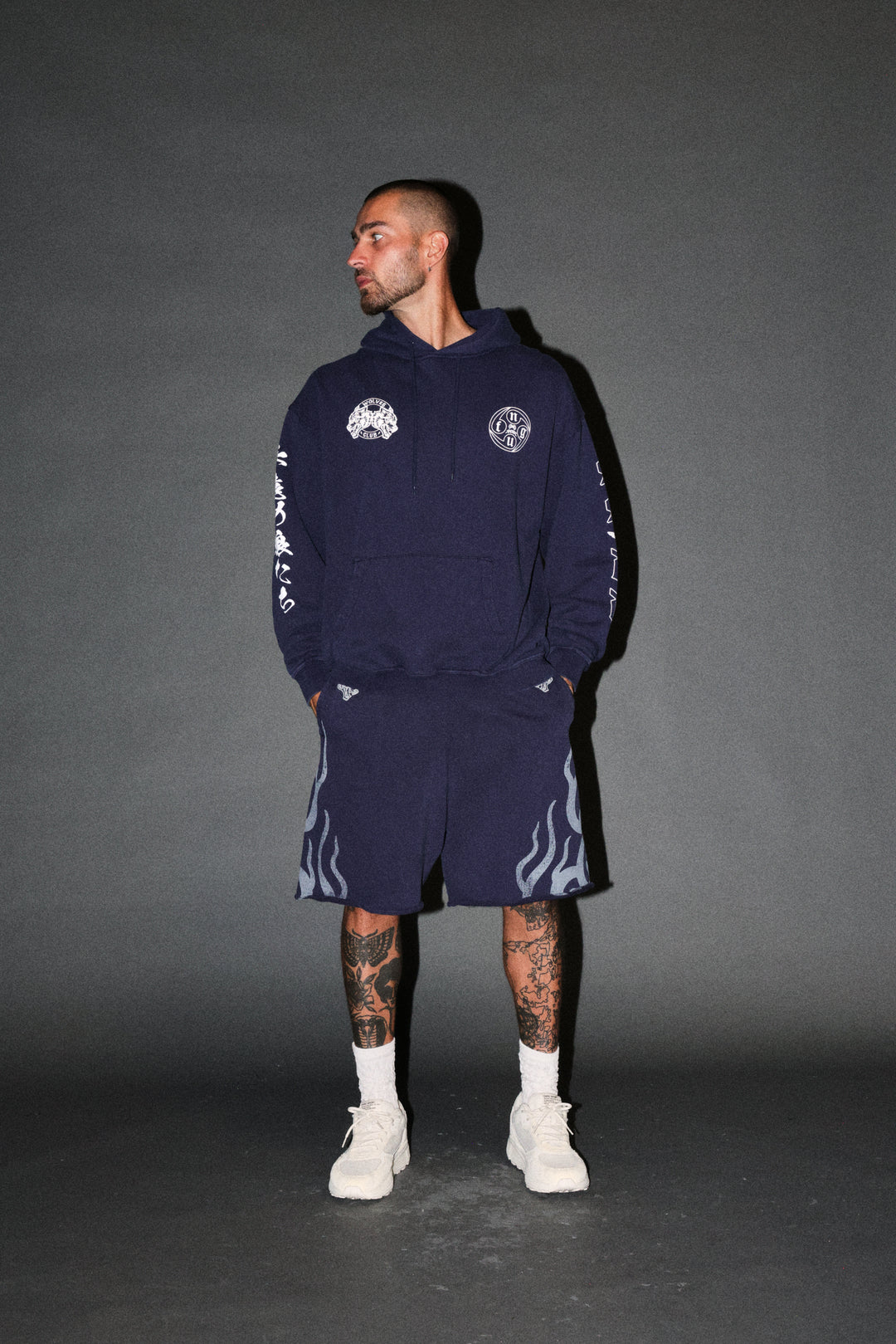Fight Or Flight Grunge Oversized Raw Hem Post Lounge Sweat Shorts in Navy