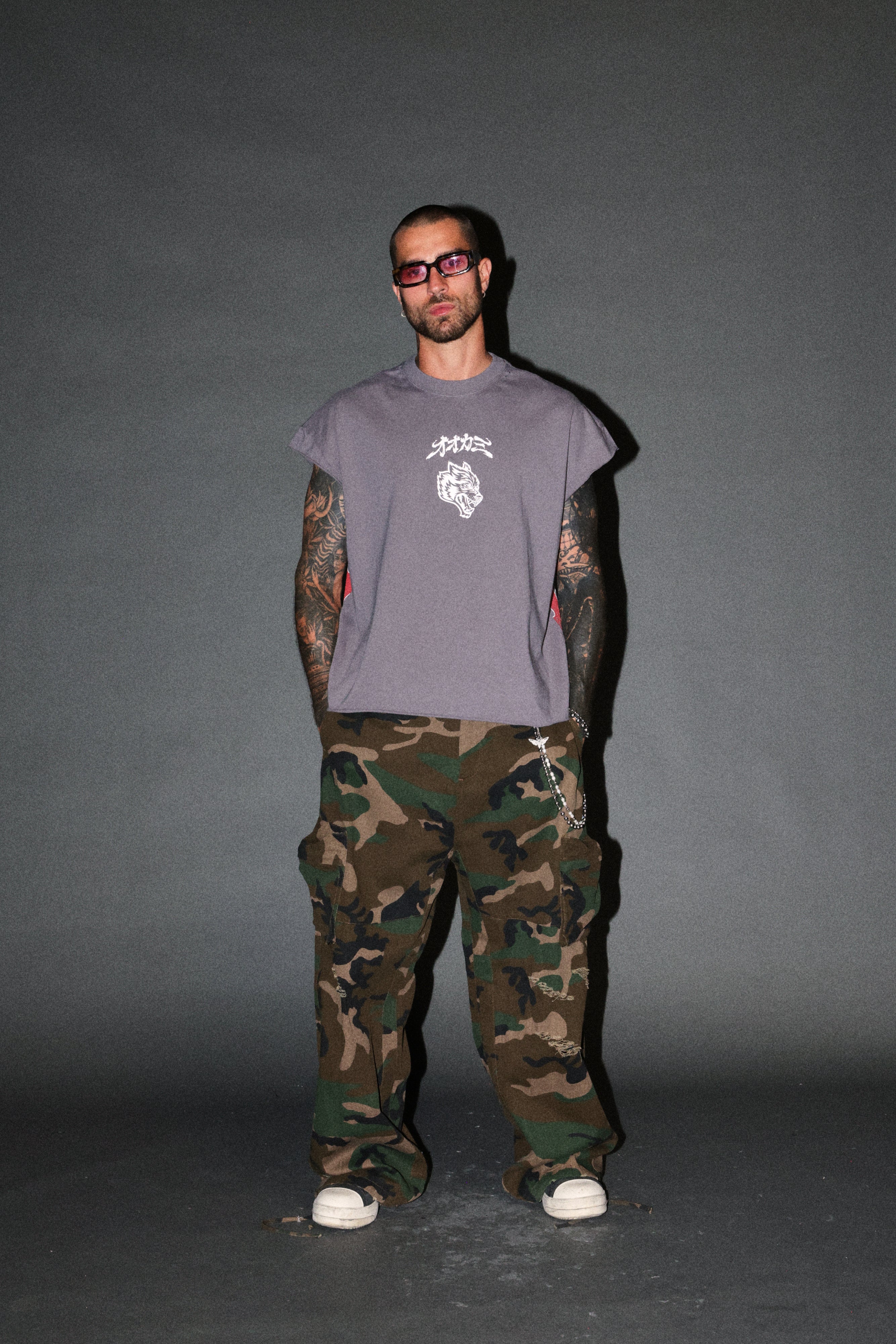Our Code Distressed Grunge Cut Off Mid Length Raw Hem Tee in Slate Gray