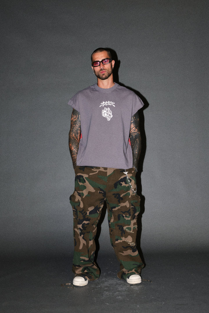 Our Code Distressed Grunge Cut Off Mid Length Raw Hem Tee in Slate Gray