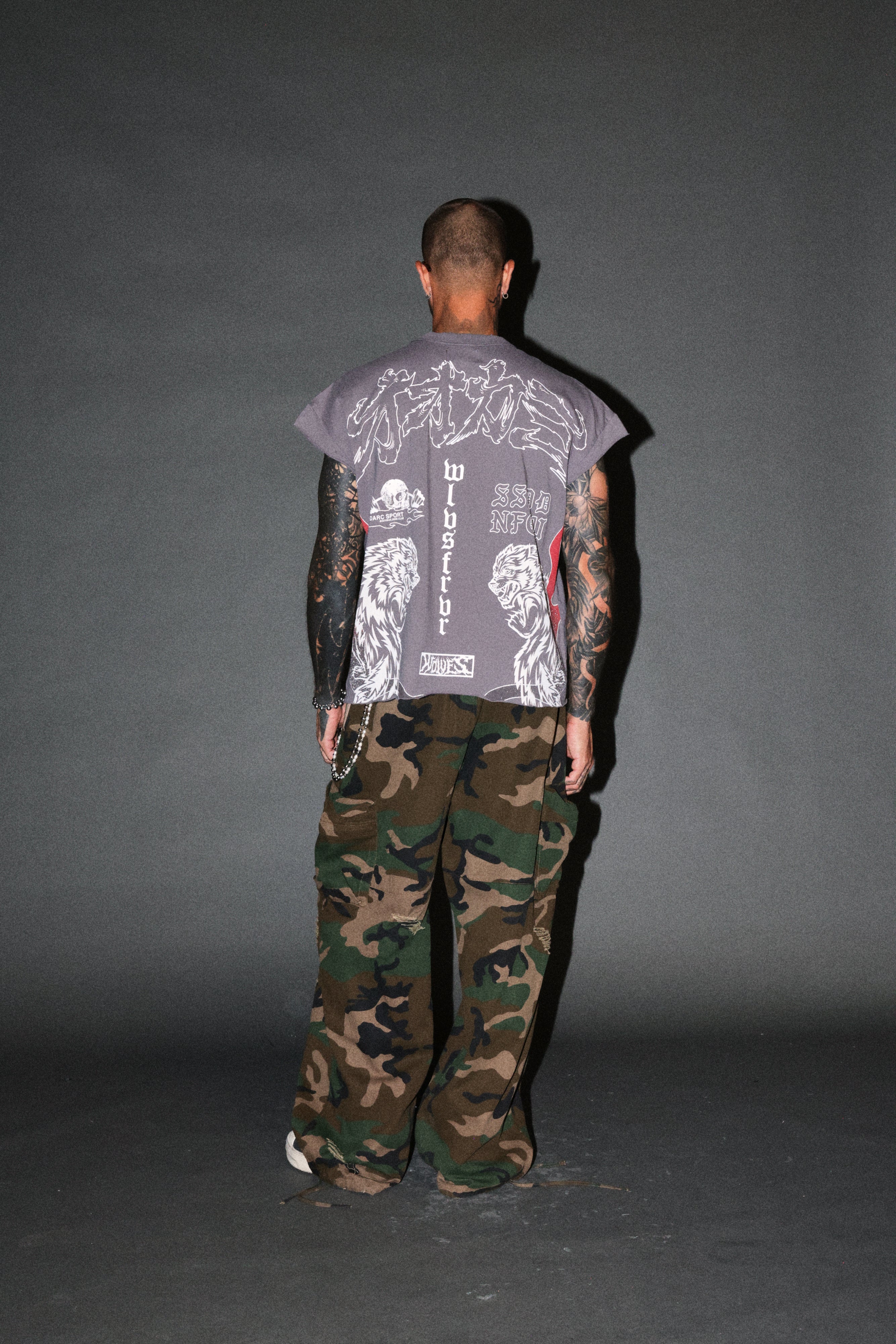 Our Code Distressed Grunge Cut Off Mid Length Raw Hem Tee in Slate Gray