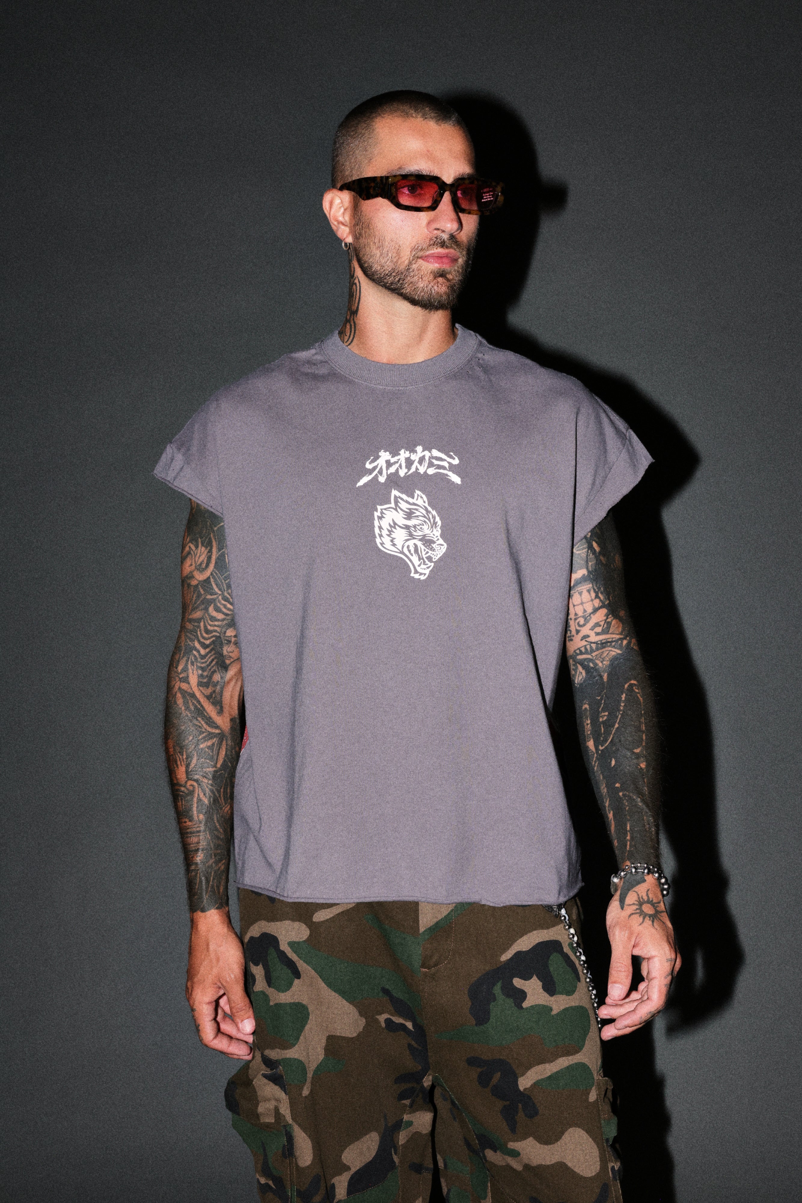 Our Code Distressed Grunge Cut Off Mid Length Raw Hem Tee in Slate Gray