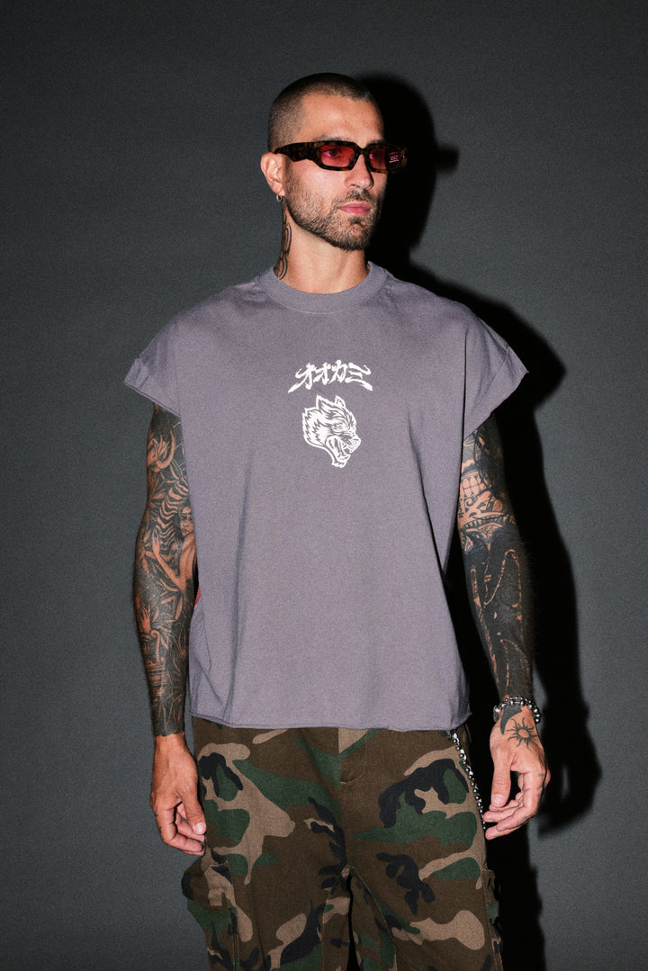 Our Code Distressed Grunge Cut Off Mid Length Raw Hem Tee in Slate Gray
