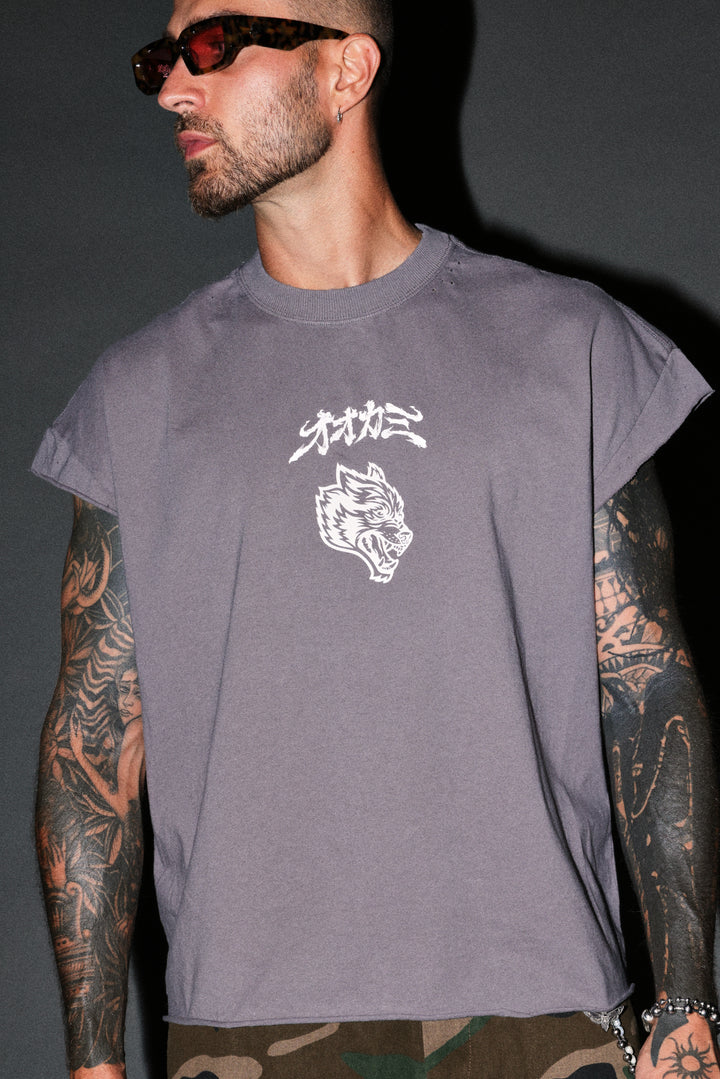 Our Code Distressed Grunge Cut Off Mid Length Raw Hem Tee in Slate Gray