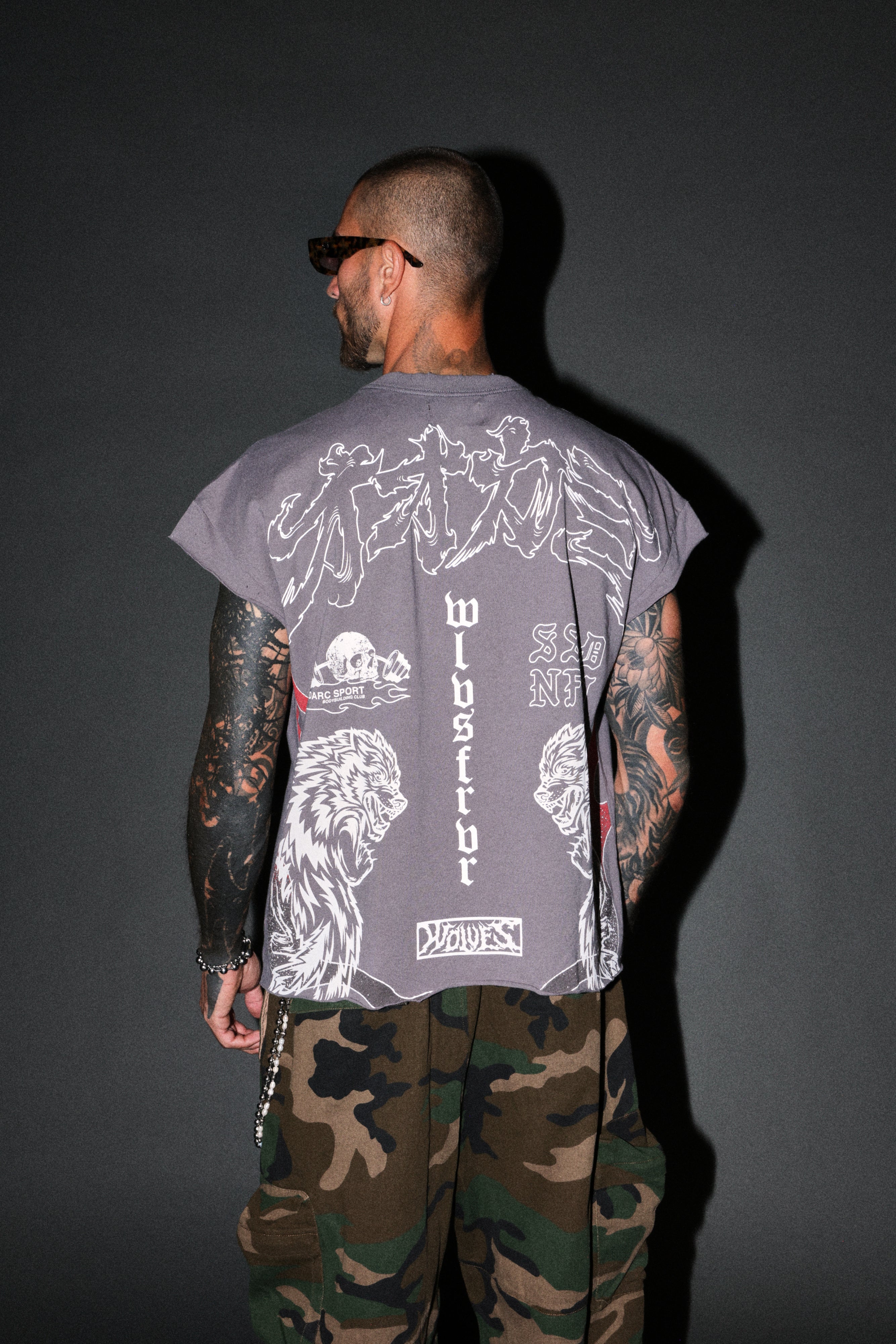 Our Code Distressed Grunge Cut Off Mid Length Raw Hem Tee in Slate Gray