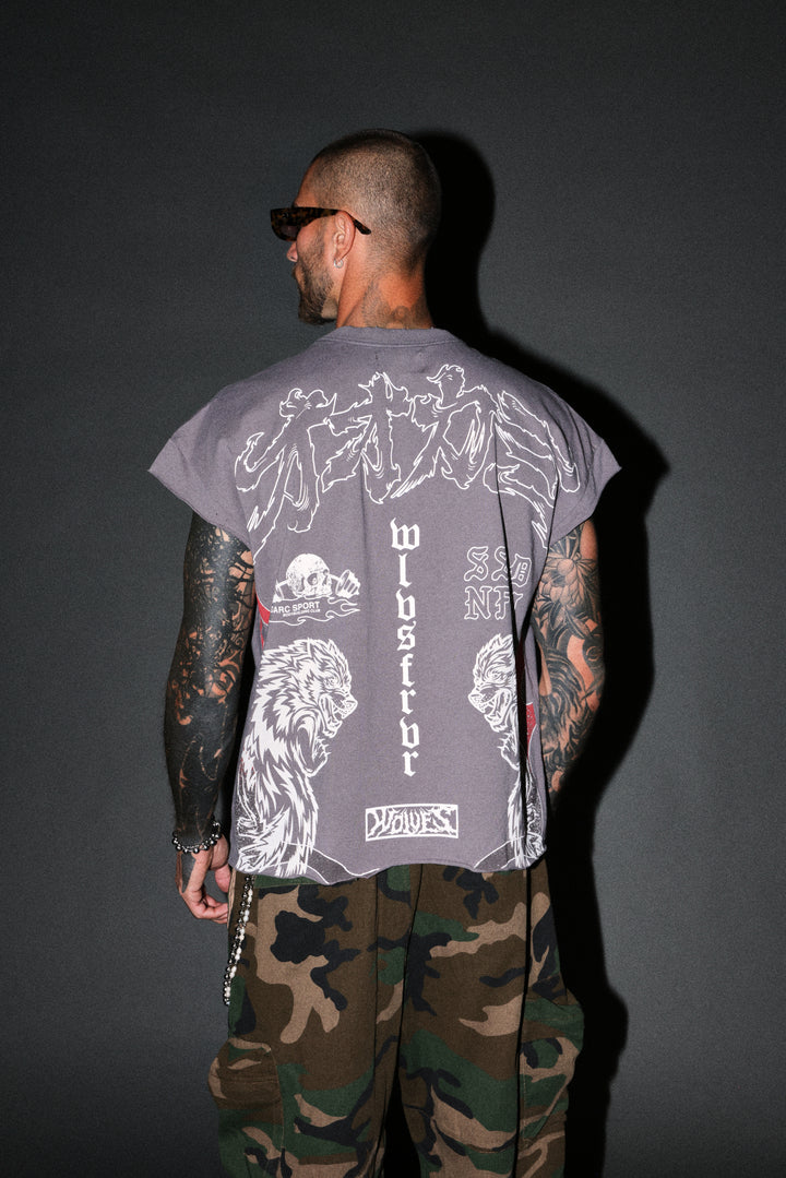 Our Code Distressed Grunge Cut Off Mid Length Raw Hem Tee in Slate Gray