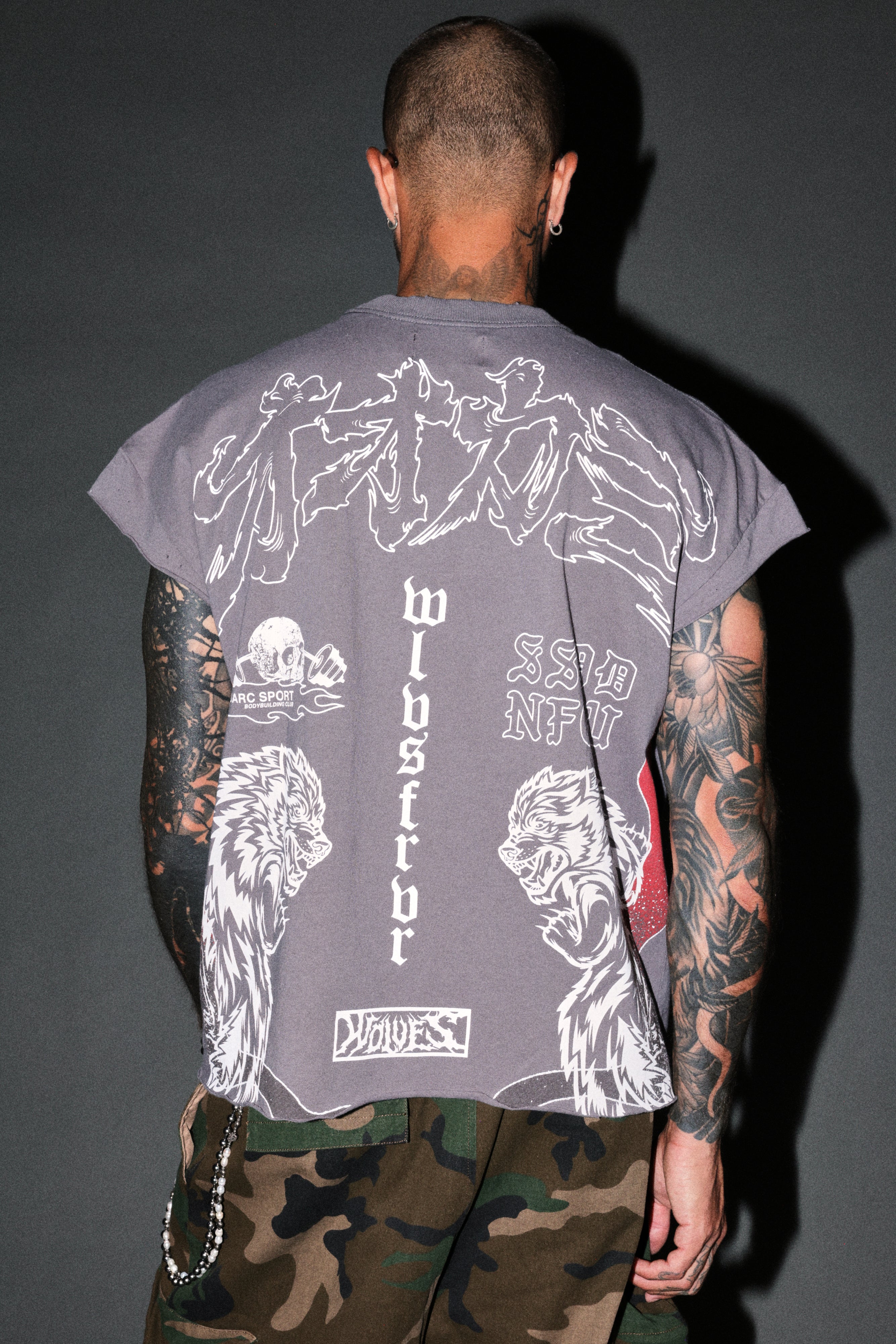Our Code Distressed Grunge Cut Off Mid Length Raw Hem Tee in Slate Gray