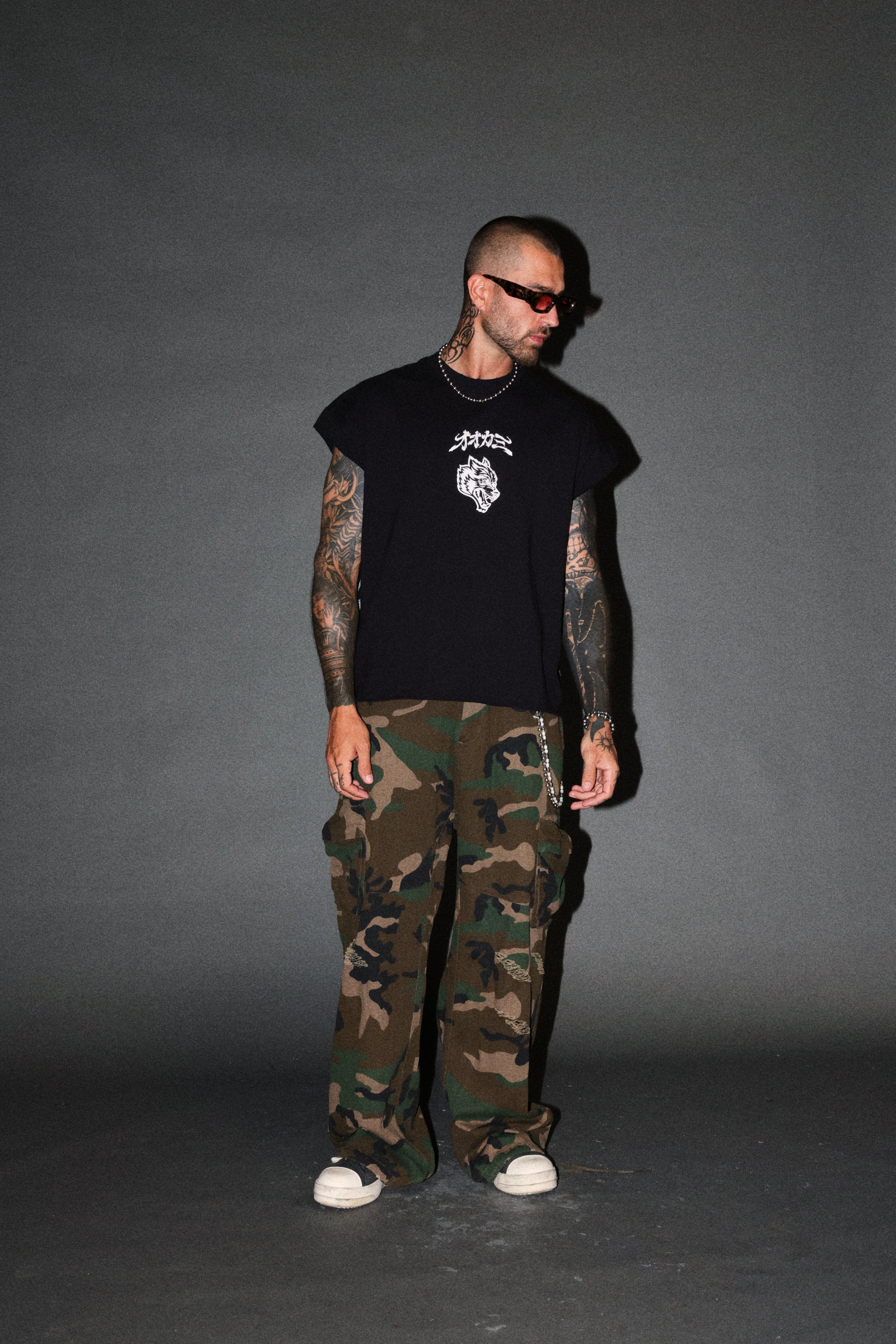 Our Code Distressed Grunge Cut Off Mid Length Raw Hem Tee in Black