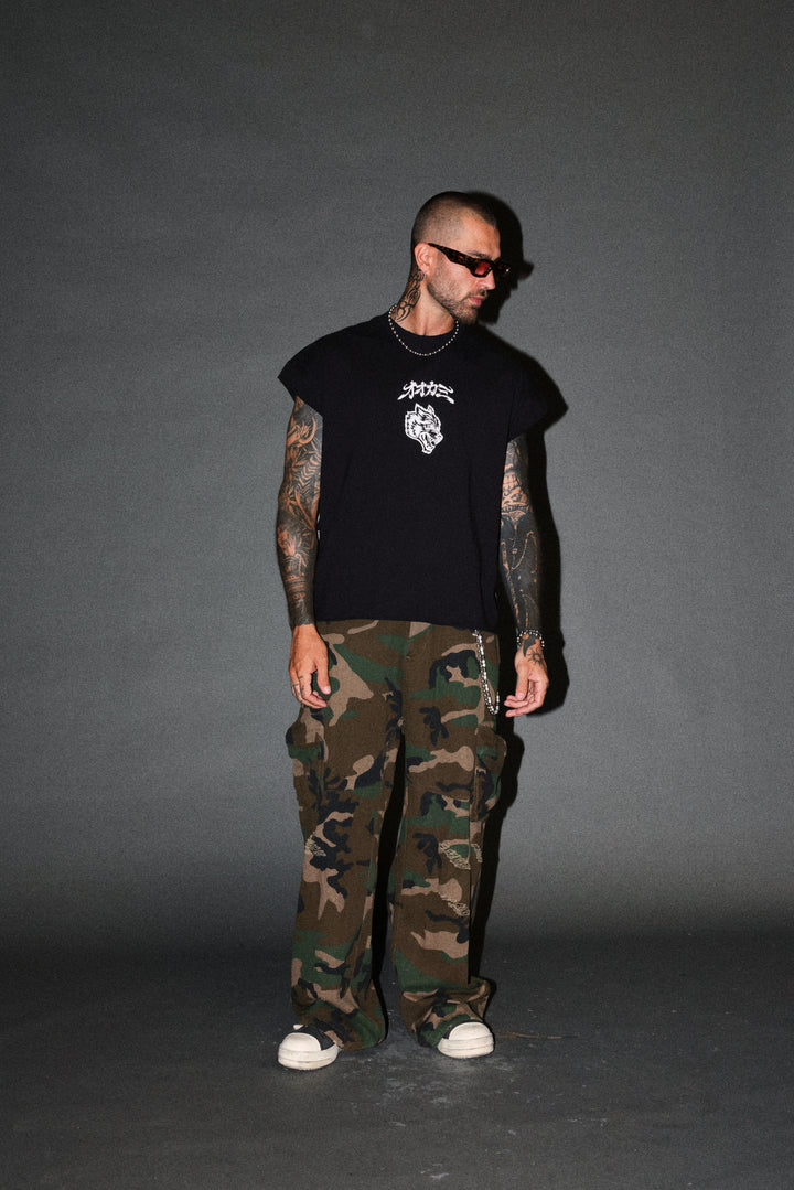 Our Code Distressed Grunge Cut Off Mid Length Raw Hem Tee in Black