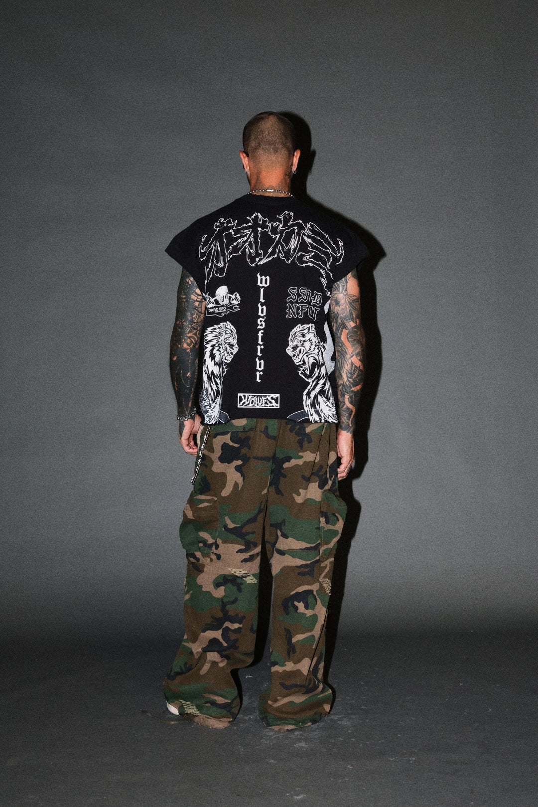 Our Code Distressed Grunge Cut Off Mid Length Raw Hem Tee in Black