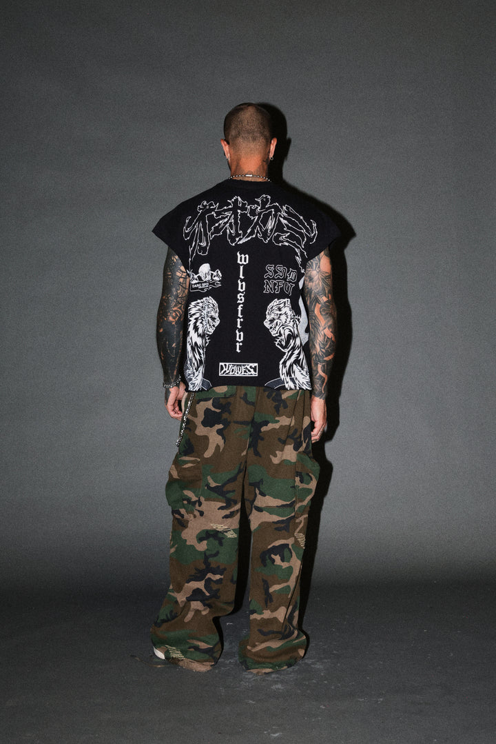 Our Code Distressed Grunge Cut Off Mid Length Raw Hem Tee in Black