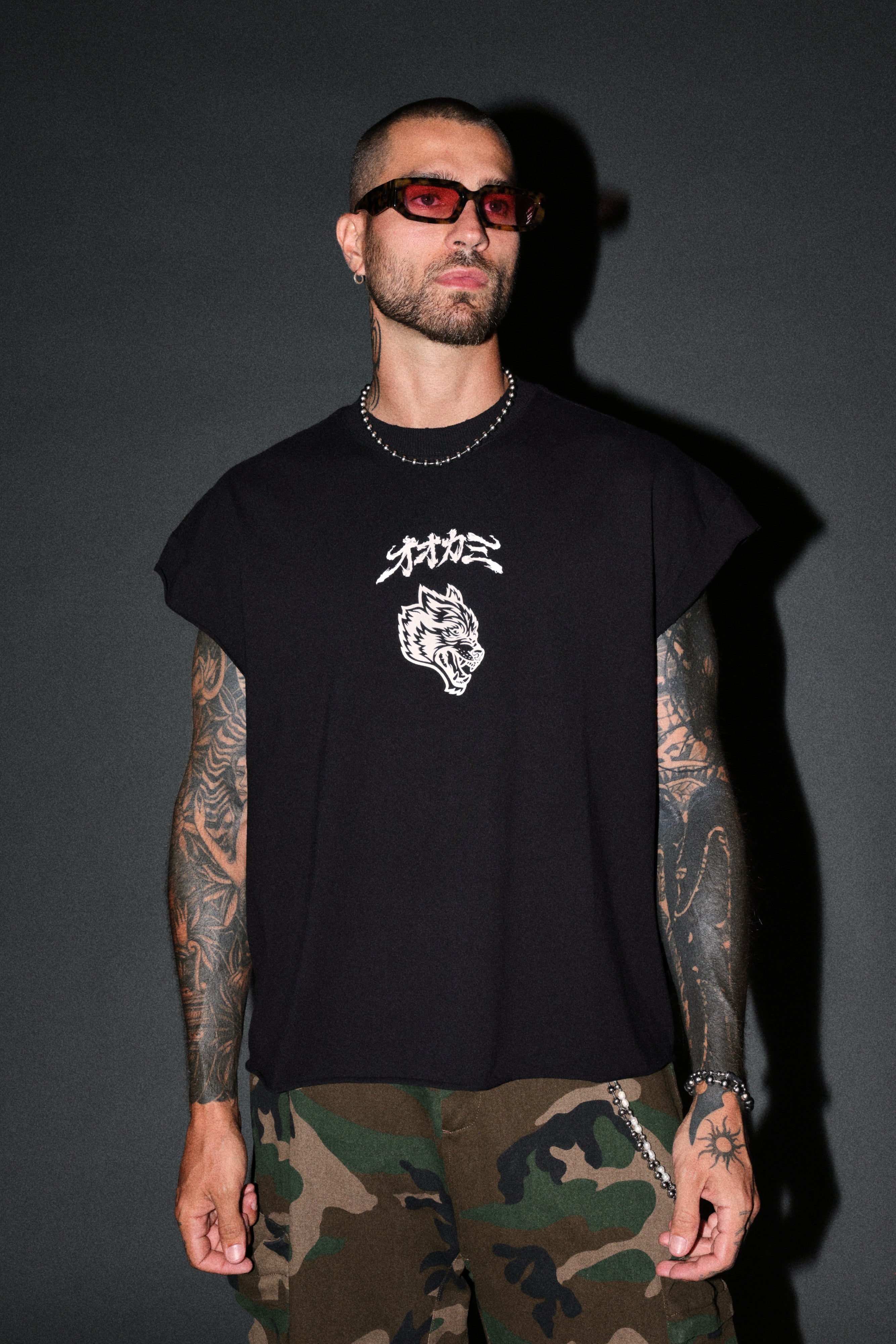 Our Code Distressed Grunge Cut Off Mid Length Raw Hem Tee in Black