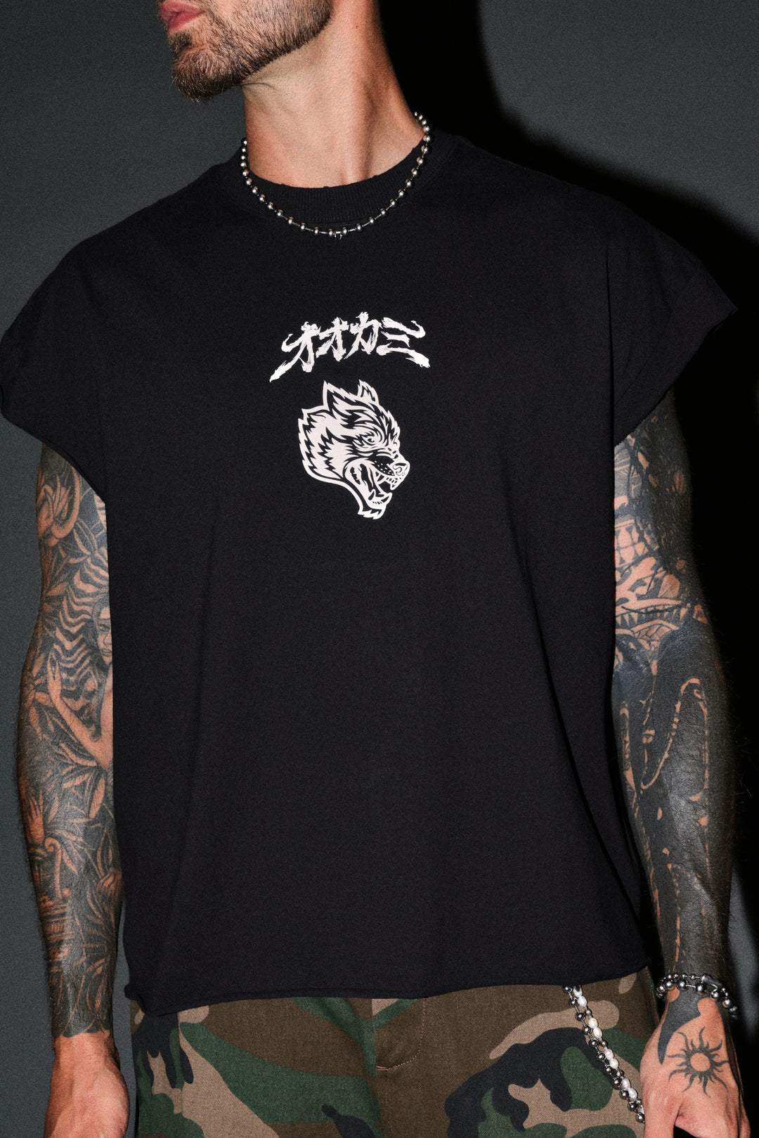 Our Code Distressed Grunge Cut Off Mid Length Raw Hem Tee in Black