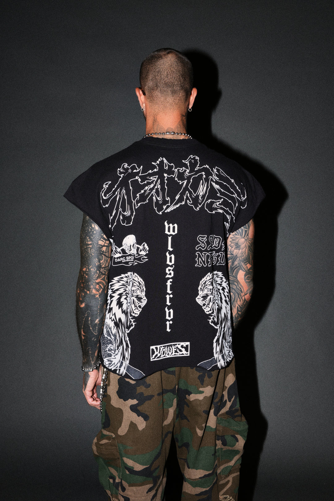 Our Code Distressed Grunge Cut Off Mid Length Raw Hem Tee in Black