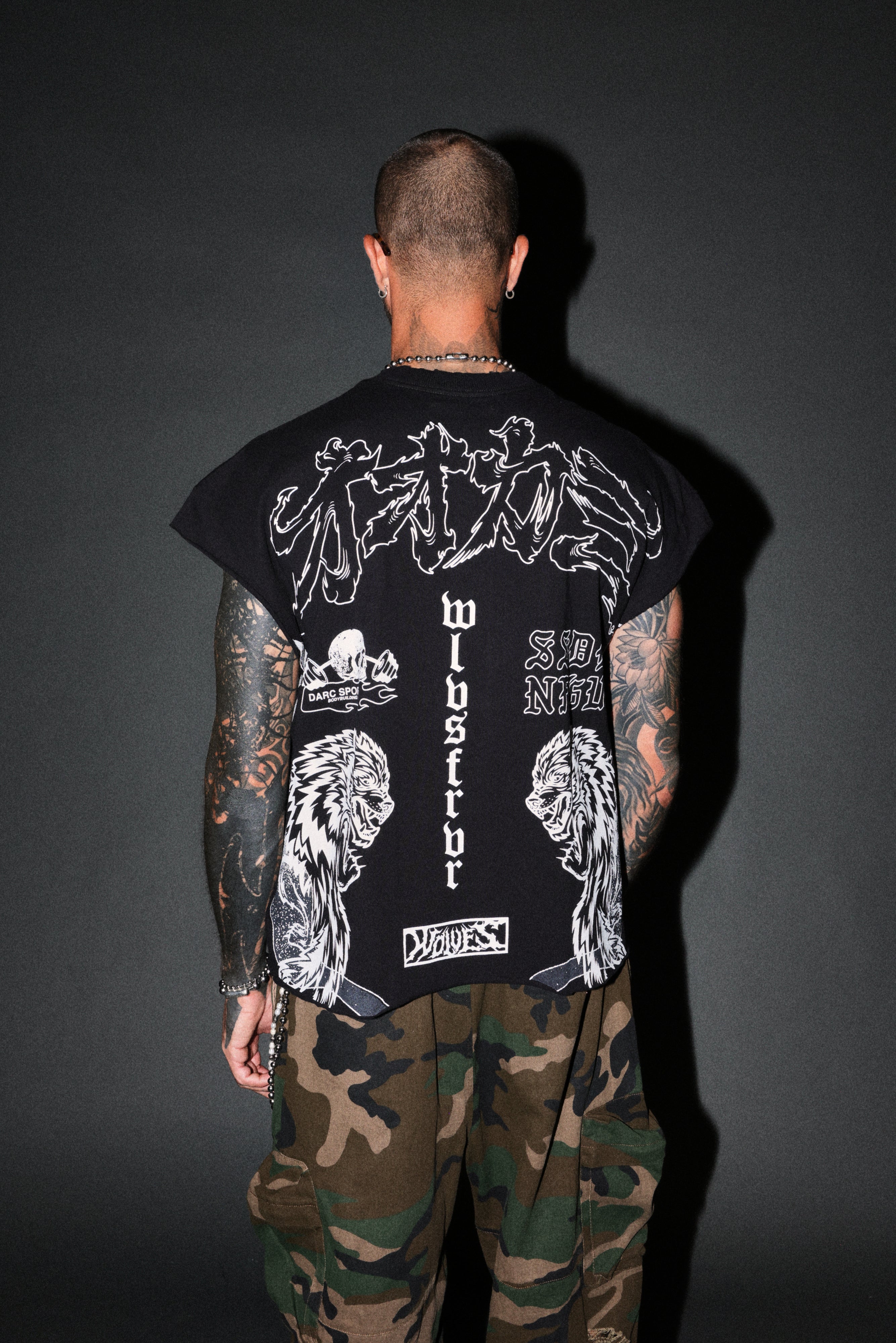 Our Code Distressed Grunge Cut Off Mid Length Raw Hem Tee in Black