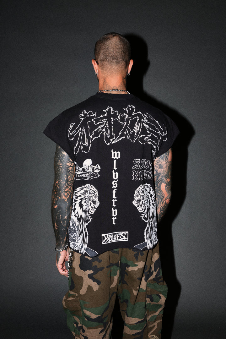 Our Code Distressed Grunge Cut Off Mid Length Raw Hem Tee in Black