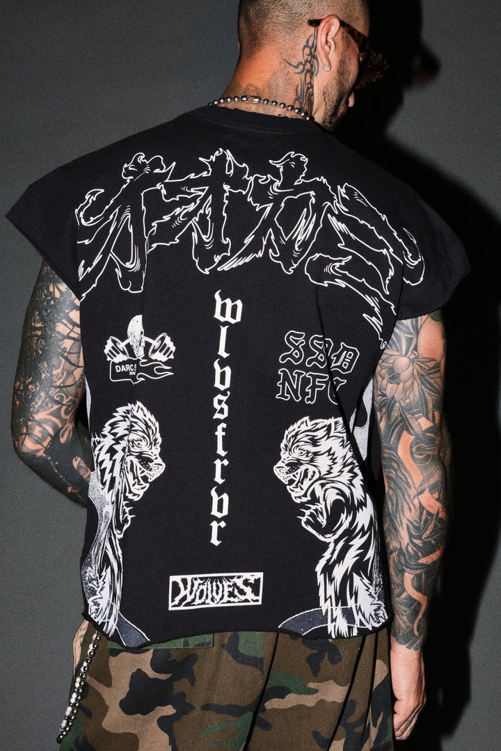 Our Code Distressed Grunge Cut Off Mid Length Raw Hem Tee in Black