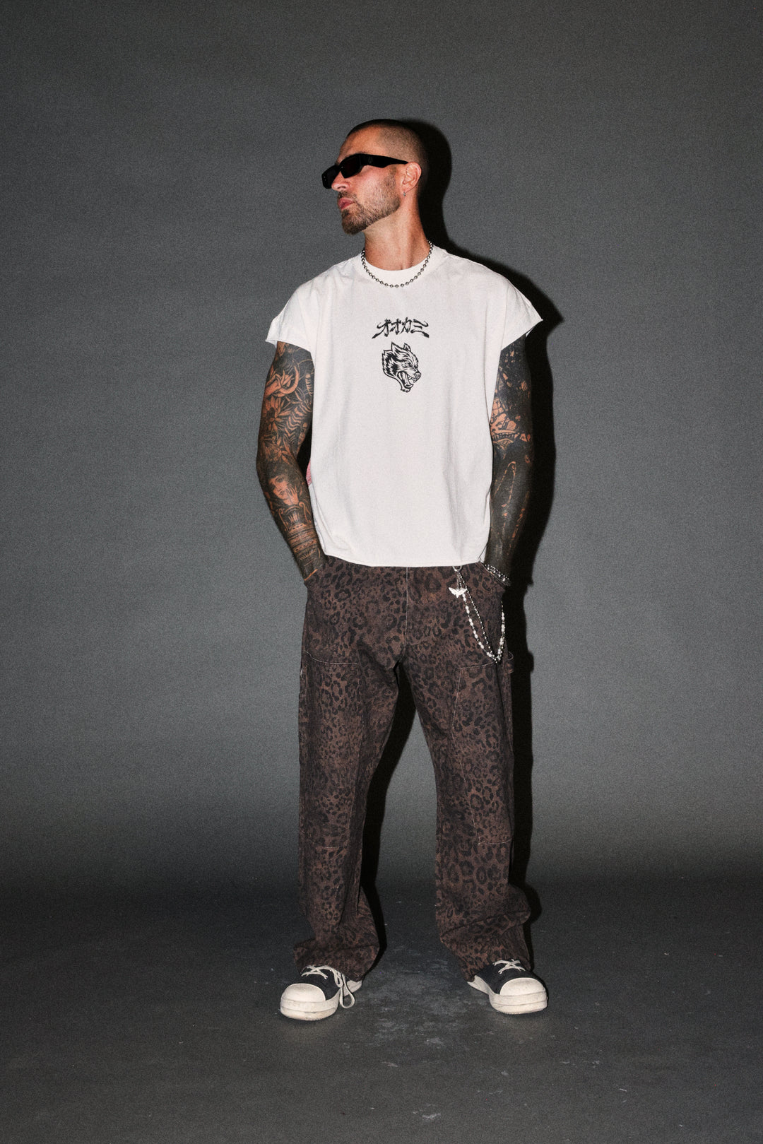 Our Code Distressed Grunge Cut Off Mid Length Raw Hem Tee in Cream