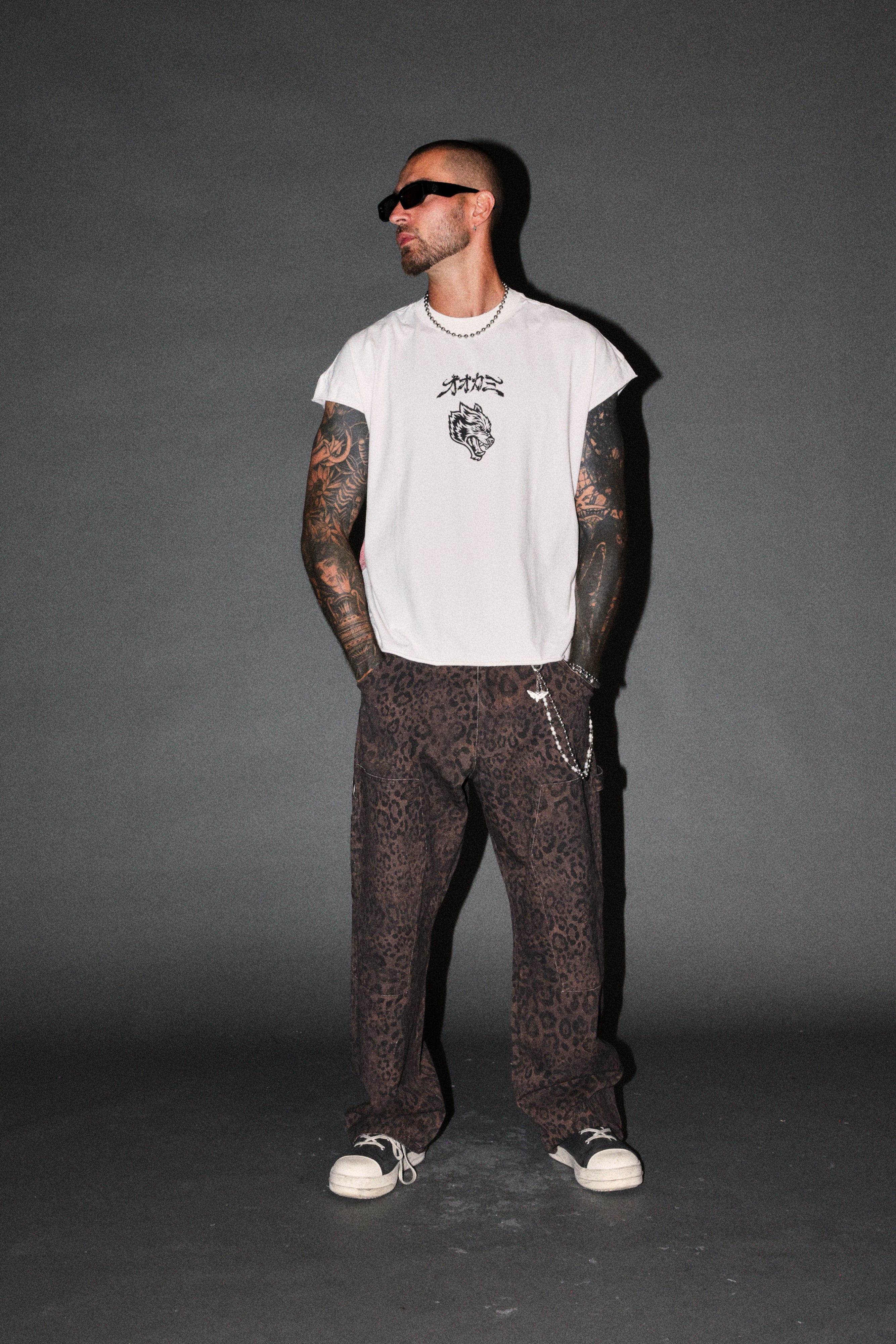 Our Code Distressed Grunge Cut Off Mid Length Raw Hem Tee in Cream