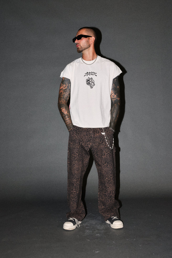 Our Code Distressed Grunge Cut Off Mid Length Raw Hem Tee in Cream
