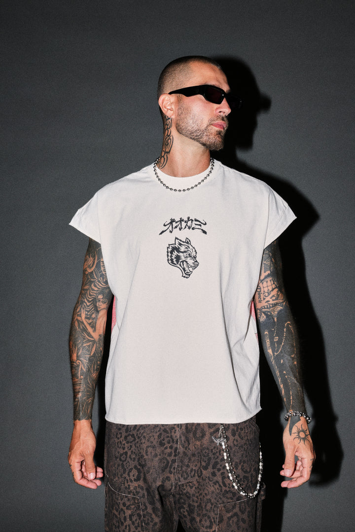 Our Code Distressed Grunge Cut Off Mid Length Raw Hem Tee in Cream
