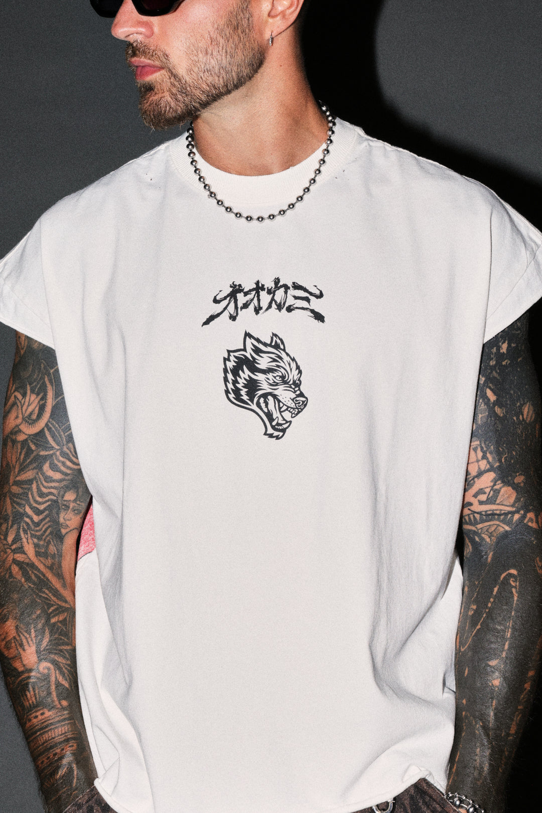 Our Code Distressed Grunge Cut Off Mid Length Raw Hem Tee in Cream