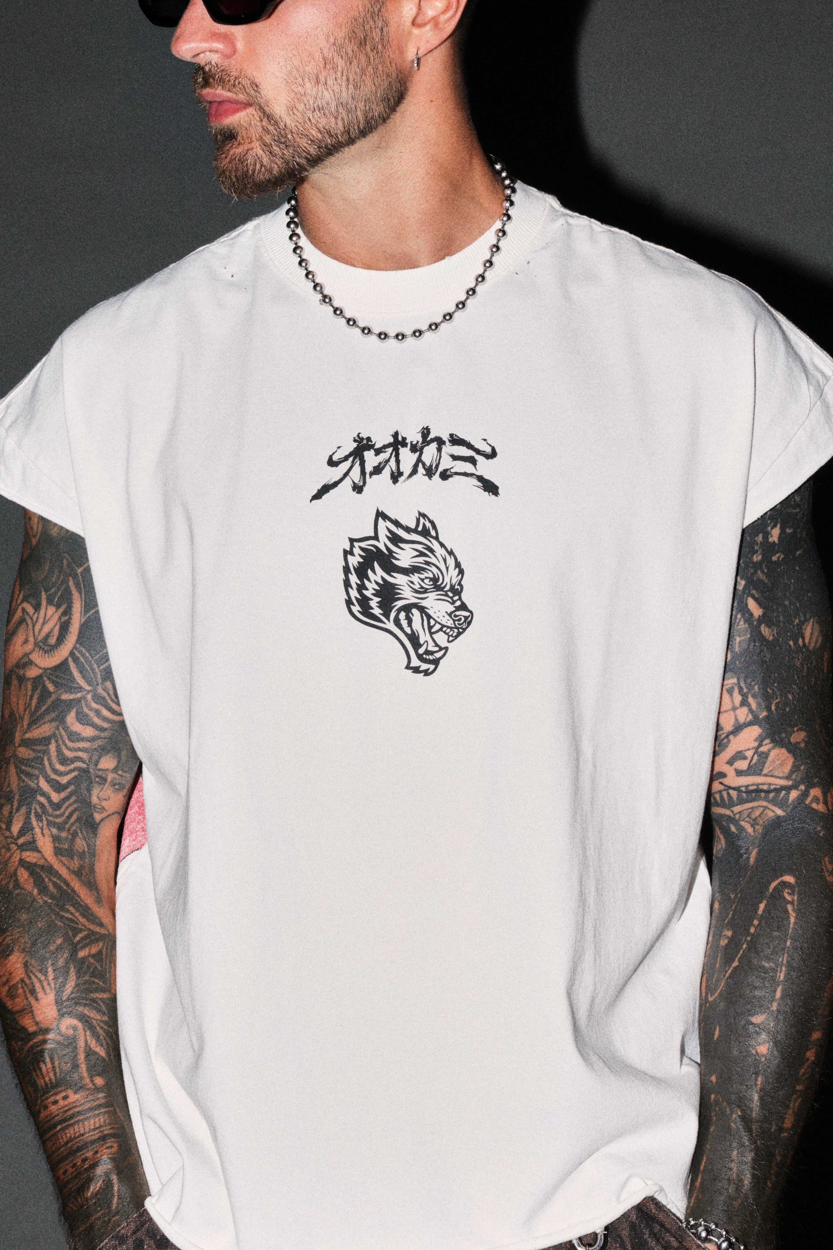 Our Code Distressed Grunge Cut Off Mid Length Raw Hem Tee in Cream
