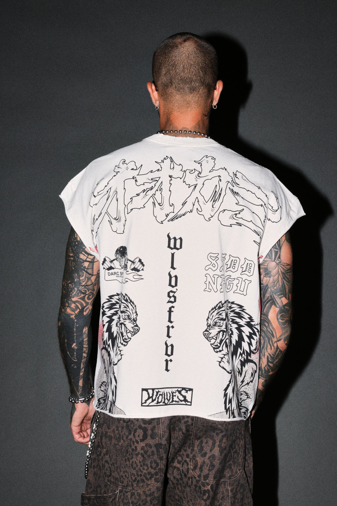 Our Code Distressed Grunge Cut Off Mid Length Raw Hem Tee in Cream