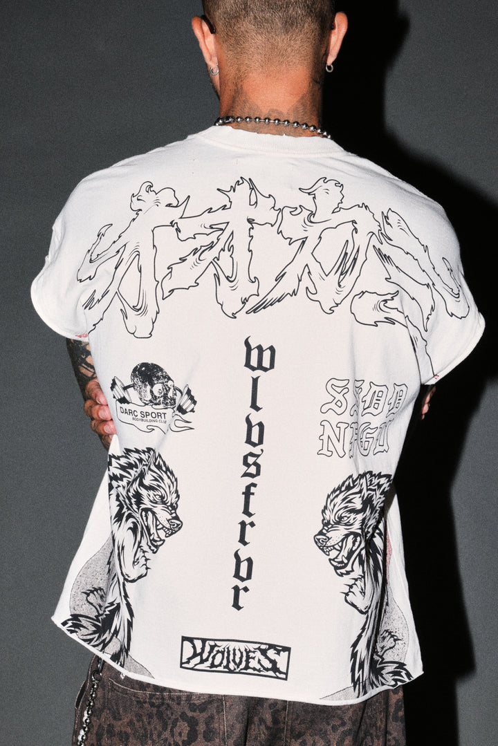 Our Code Distressed Grunge Cut Off Mid Length Raw Hem Tee in Cream