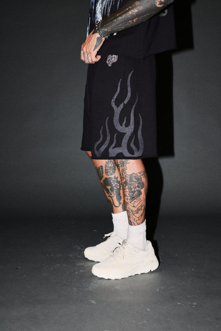 Fight Or Flight Grunge Oversized Raw Hem Post Lounge Sweat Shorts in Black