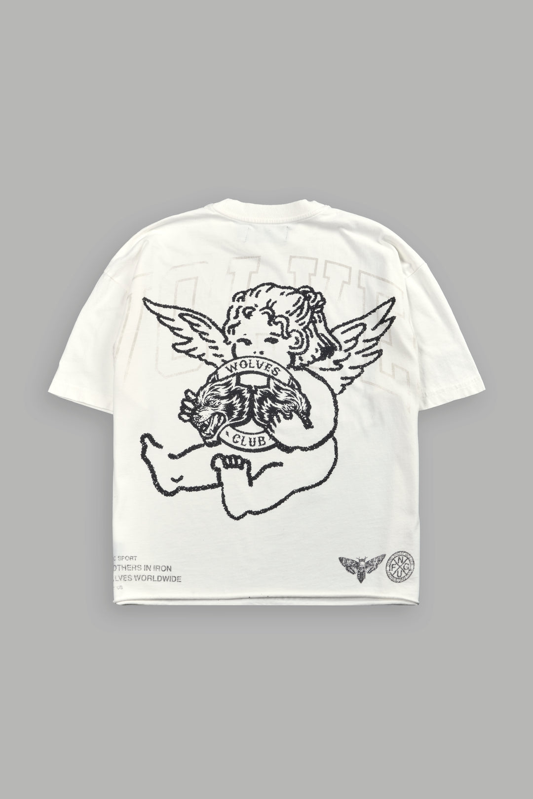 Wolves Club Cherub Grunge Mid Length Raw Hem Tee in Cream