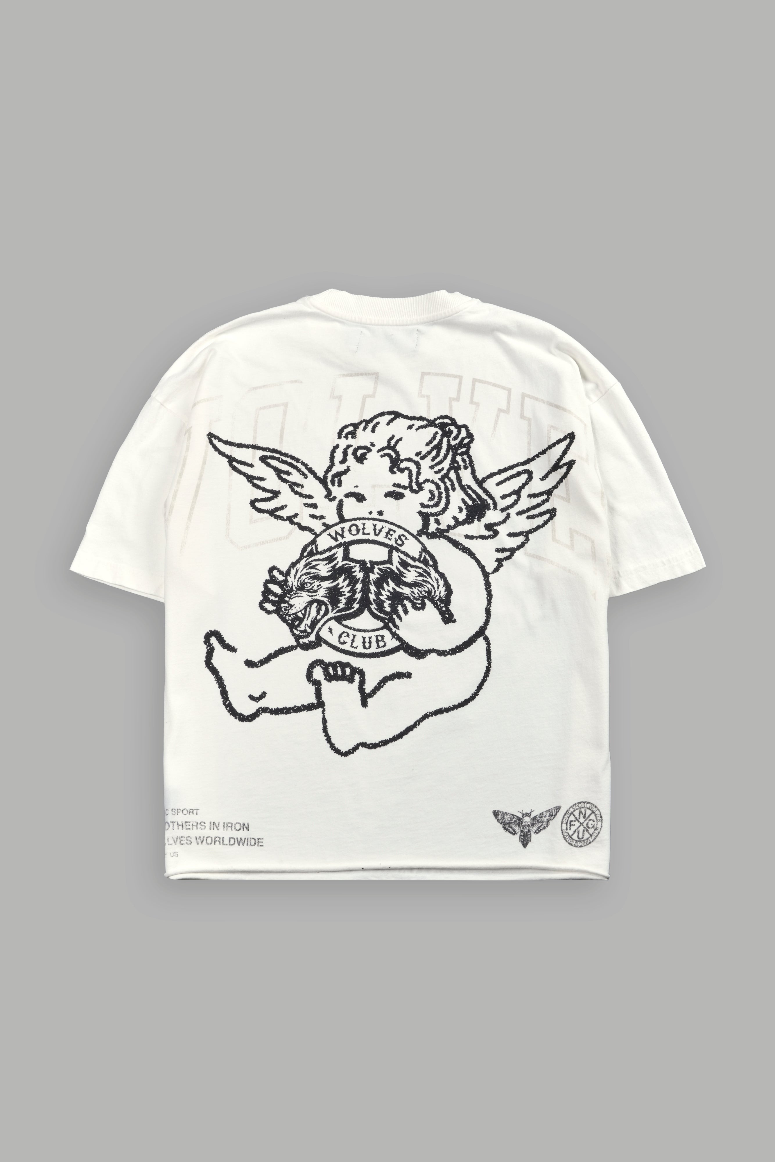 Wolves Club Cherub Grunge Mid Length Raw Hem Tee in Cream