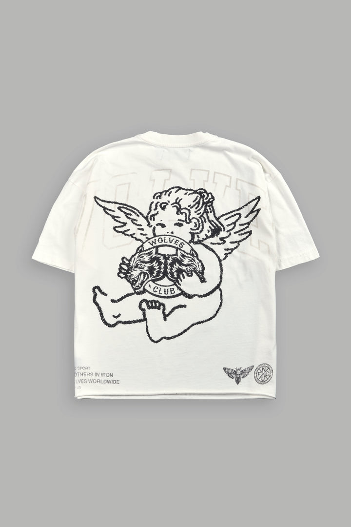 Wolves Club Cherub Grunge Mid Length Raw Hem Tee in Cream