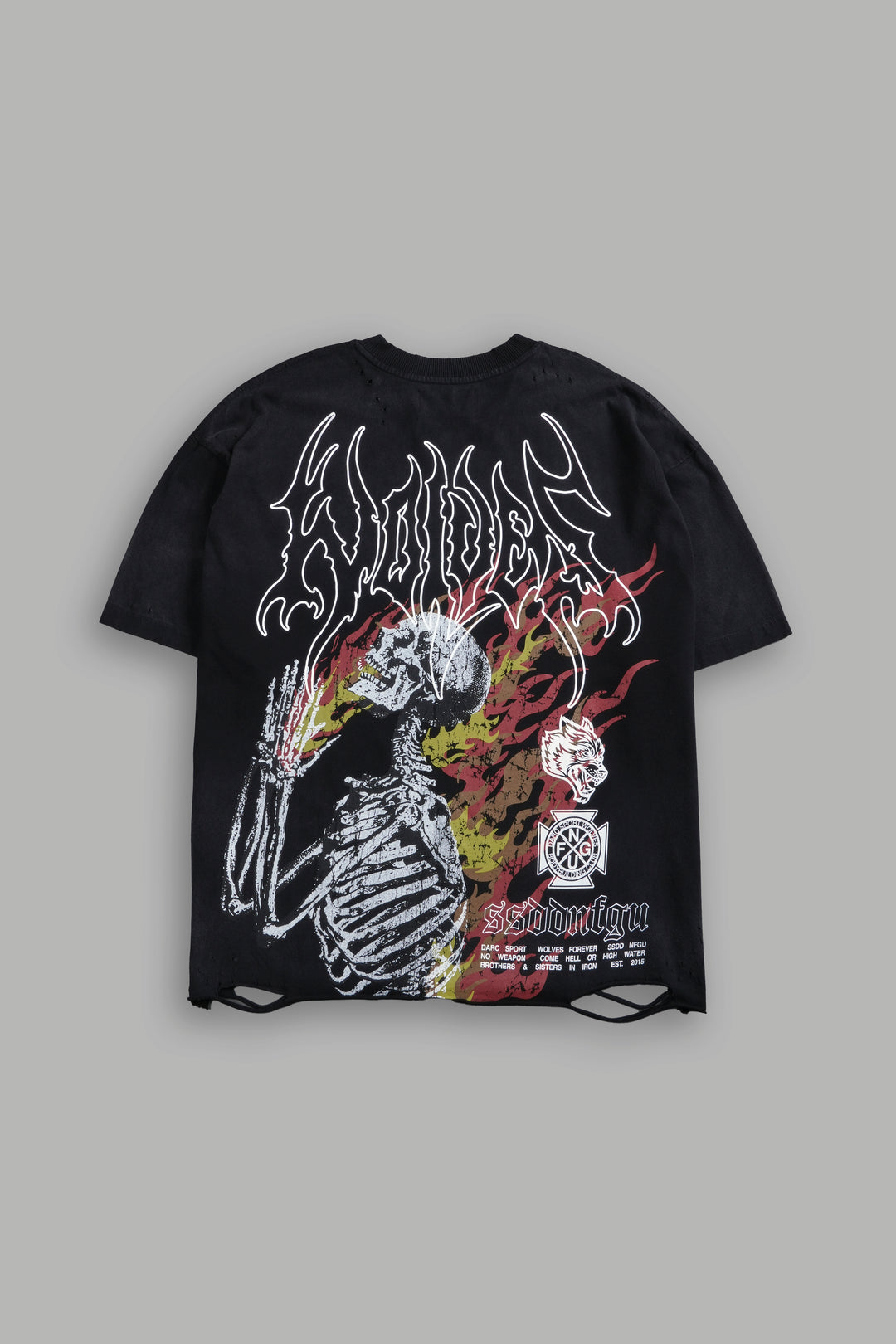 Mori Flames Distressed Grunge Tee in Black Drift Wash