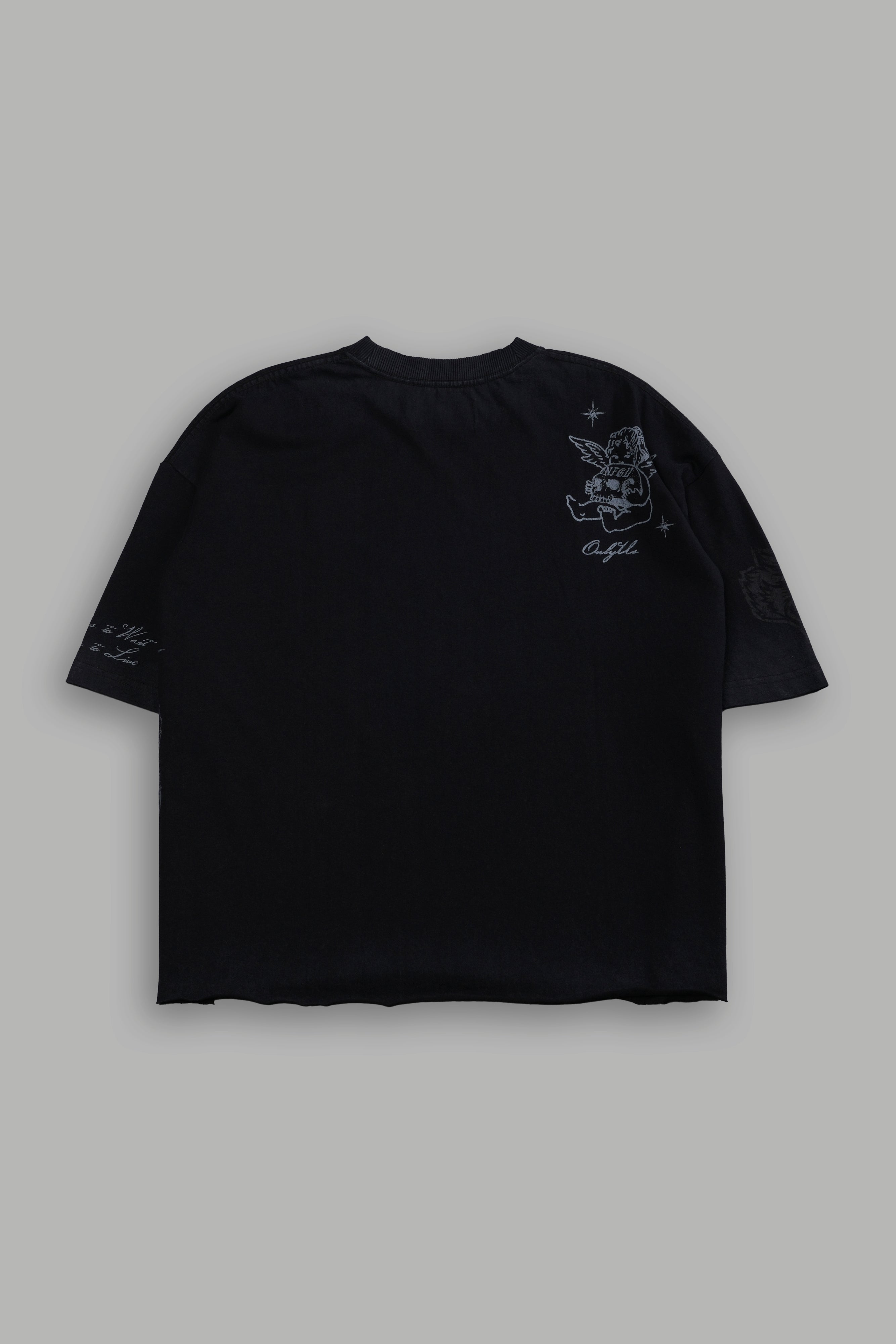 Fallen Cherub Grunge Raw Hem "Box Cut" Tee in Black Drift Wash