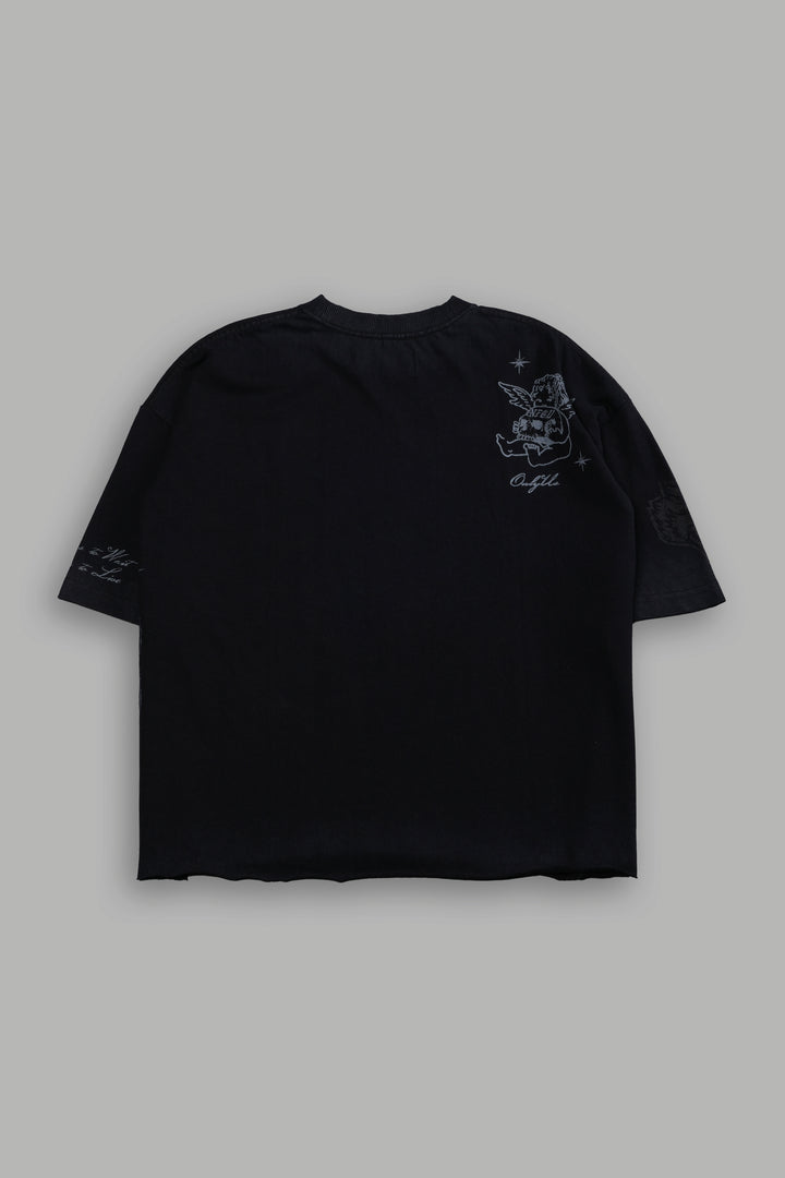 Fallen Cherub Grunge Raw Hem "Box Cut" Tee in Black Drift Wash