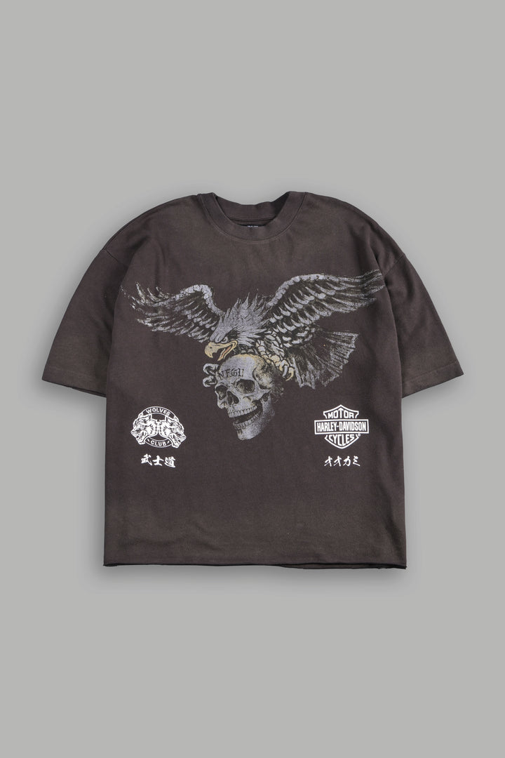 H-D Eagle And Skull Premium Raw Hem Box Cut Tee in Darc Brown Drift Wash