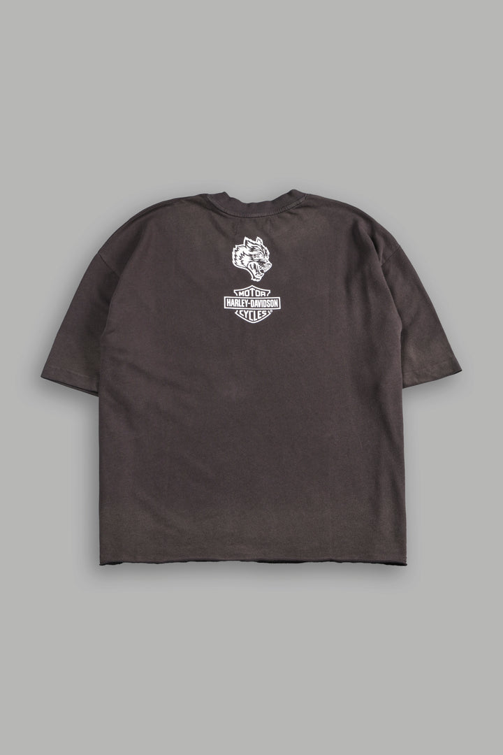 H-D Eagle And Skull Premium Raw Hem Box Cut Tee in Darc Brown Drift Wash